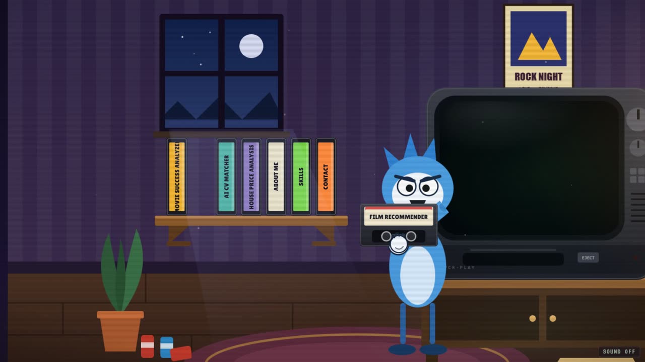 Long prompt result: a 2D Mordecai walking across the room while carrying a VHS tape to the TV