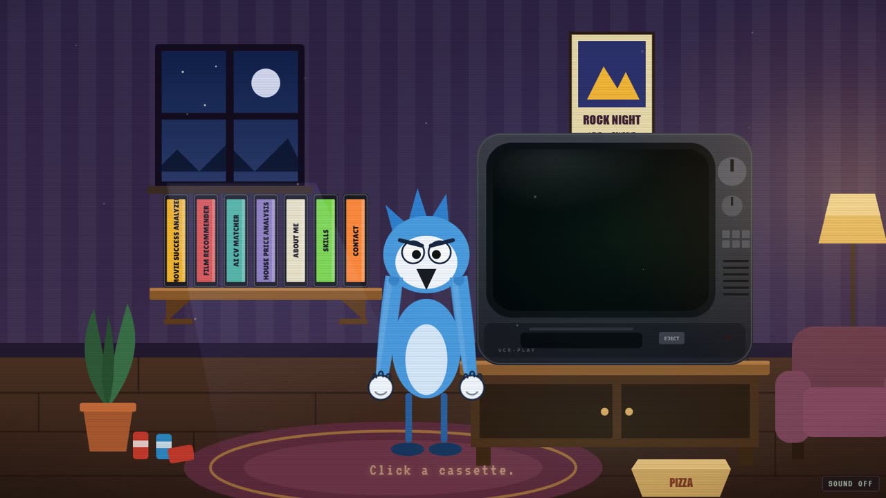 Result of the long AI prompt: a flat 2D cartoon room with a full-body standing Mordecai, a shelf of VHS tapes and a CRT TV