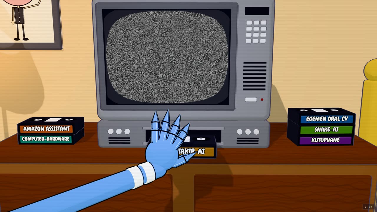 Mordecai's blue 3D hand pushing a VHS tape into the VCR under the CRT TV